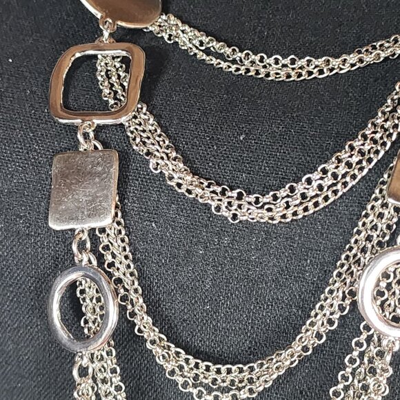 Chico's Vtg Sliver Tone Circle Square Chunky Layered Bib Statement 19" Necklace - Picture 6 of 16